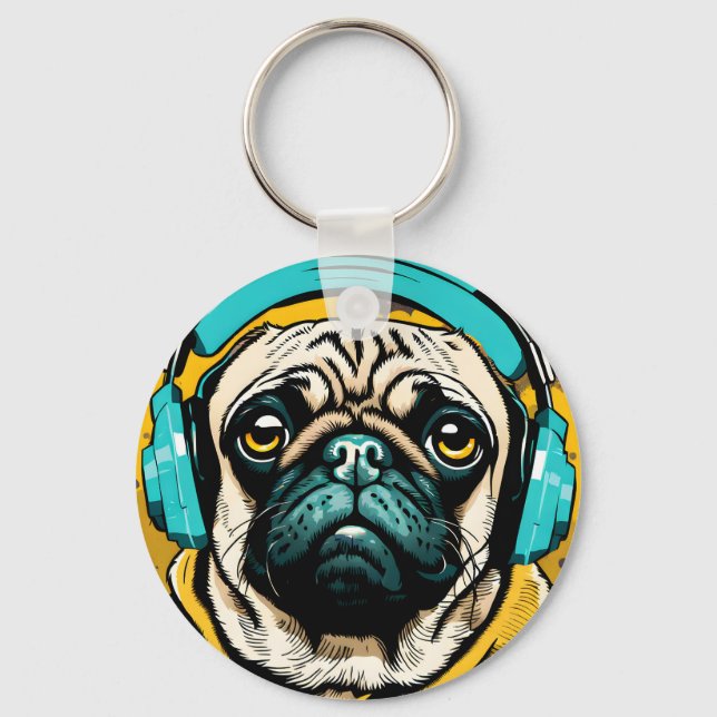 Chaveiro Pug vestindo fones de ouvido (Frente)