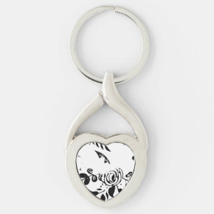 Chaveiro Pulseira de Coração Floral Preto e Branco Desbotad