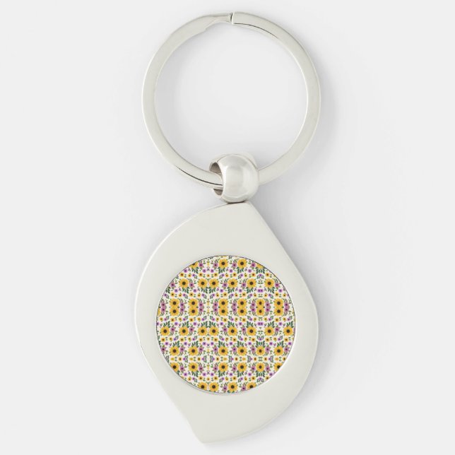 Chaveiro Pulseira de prata com um padrão floral circular e  (Frente)