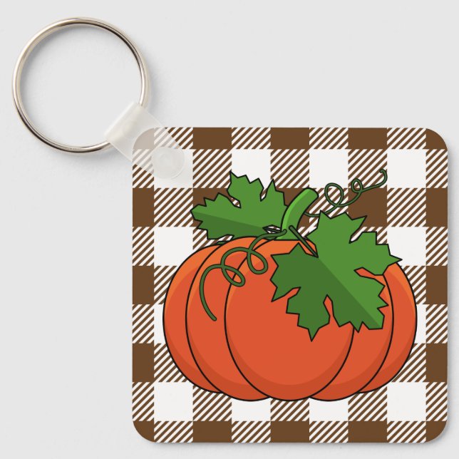 Chaveiro Pumpkin Laranja no Padrão Marrom Branco Verificado (Frente)