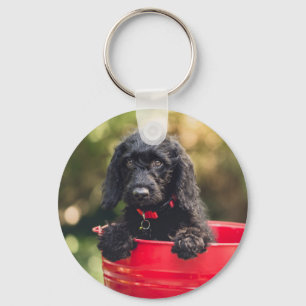Chaveiro Puppy preto num Balde vermelho