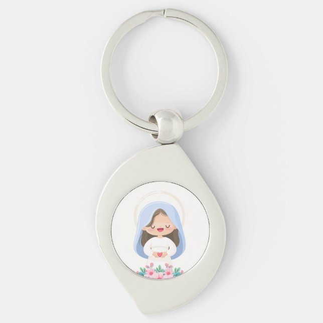 Chaveiro Pura Kawaii Virgem Maria com Coração – Branco (Frente)