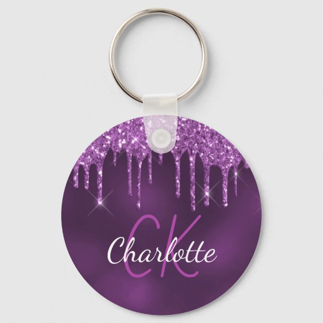 Chaveiro Purple glitter drips monogram initials elegant (Frente)