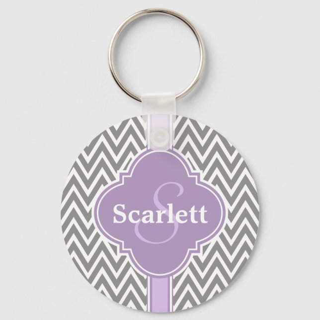 Chaveiro Púrpura Lilac Cinza Chevron Padrão e Monograma (Frente)