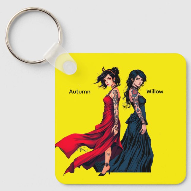 Chaveiro Quadrado de Meninas com Tatuagens e Anime (Frente)