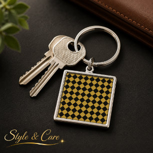 Chaveiro Quadrado de Padrão Chevron Preto e Dourado Metálic