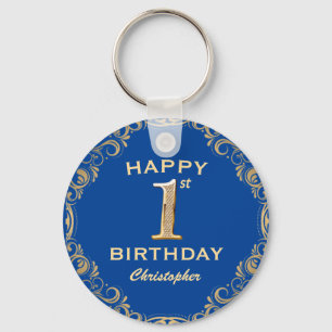 Chaveiro Quadro azul e brilhante Dourado do primeiro aniver