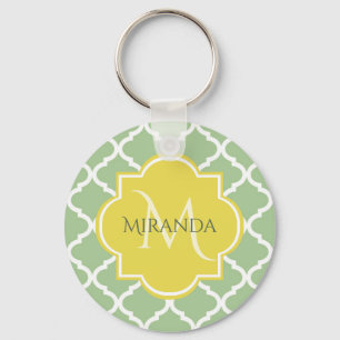 Chaveiro Quatrefoil Verde Chic Pastel Nome Amarelo Monogram