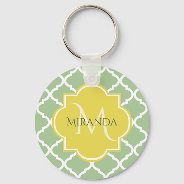 Chaveiro Quatrefoil Verde Chic Pastel Nome Amarelo Monogram (Frente)