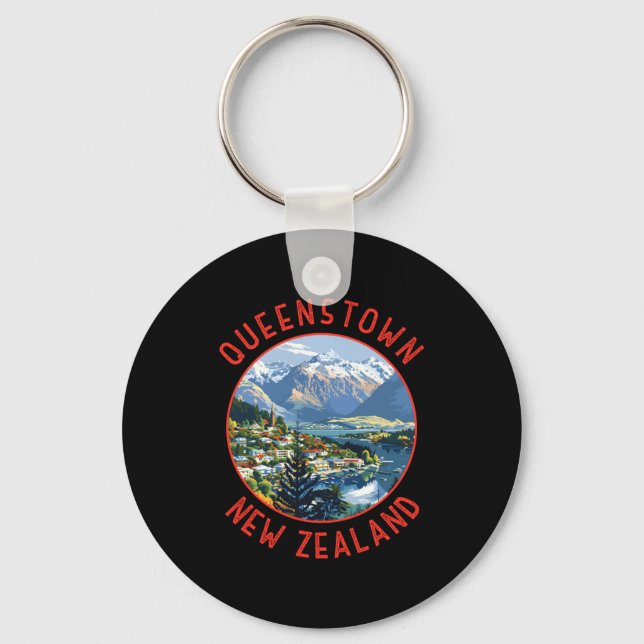 Chaveiro Queenstown New Zealand Retro Distressed Circle  (Frente)