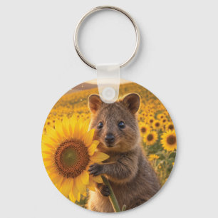 Chaveiro Quokka Sorridente Feliz Segurando um Girassol