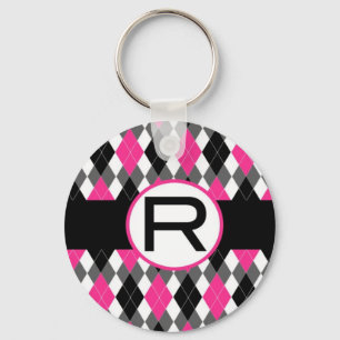 Chaveiro "R " do monograma de Argyle do rosa