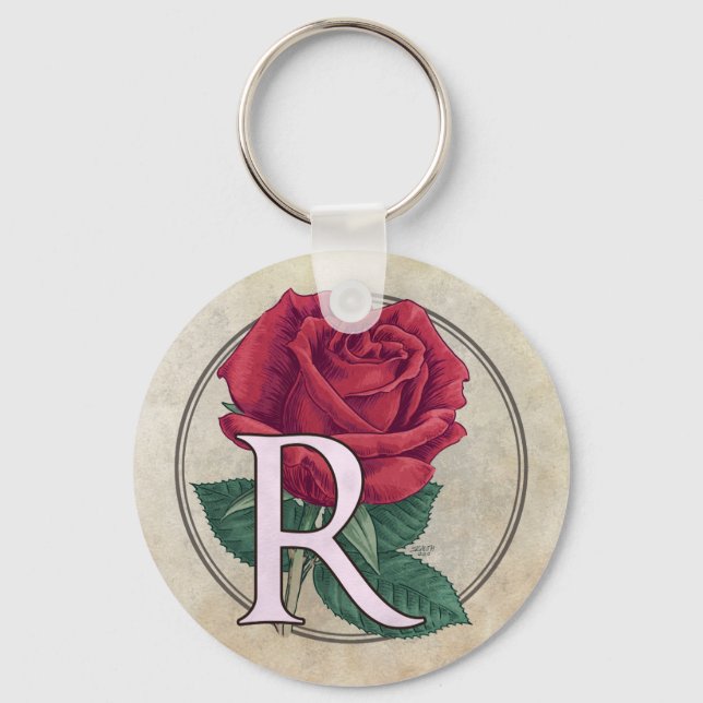 Chaveiro R para Monograma de Flor Rosa (Frente)