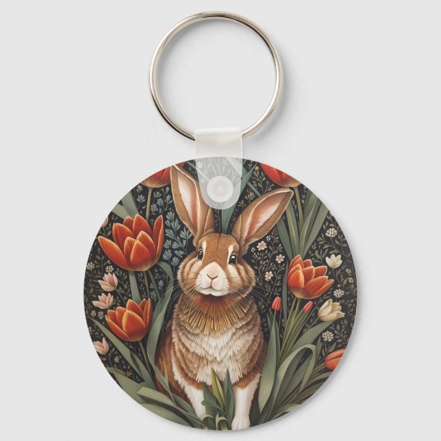 Chaveiro Rabbit vermelho Tulipas William Morris inspiradas (Frente)