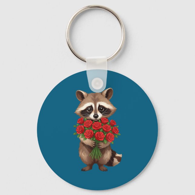 Chaveiro Raccoon Holding Red Rose Cute Raccoon Valentine An (Frente)