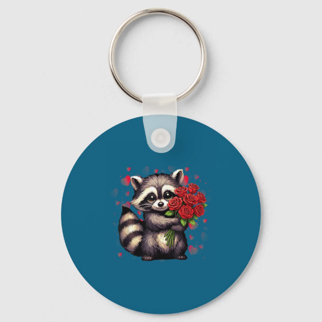 Chaveiro Raccoon Holding Red Rose Cute Raccoon Valentine An (Frente)