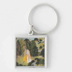 Chaveiro Radha e Krishna que andam em um bosque