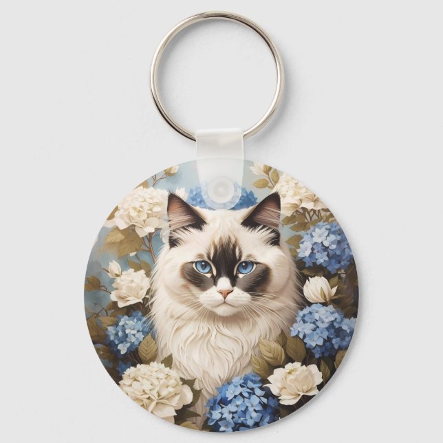 Chaveiro Ragdoll Cat Com Flores De Hydrangea Azuis (Frente)