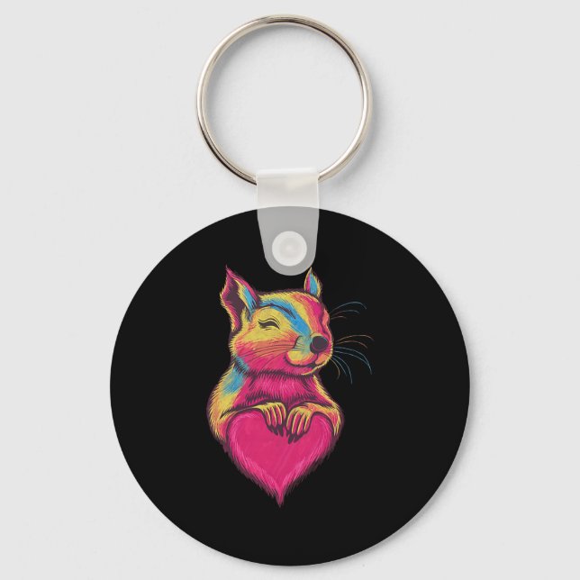Chaveiro Rainbow Cute Squirrel Hugging Valentine Heart Love (Frente)