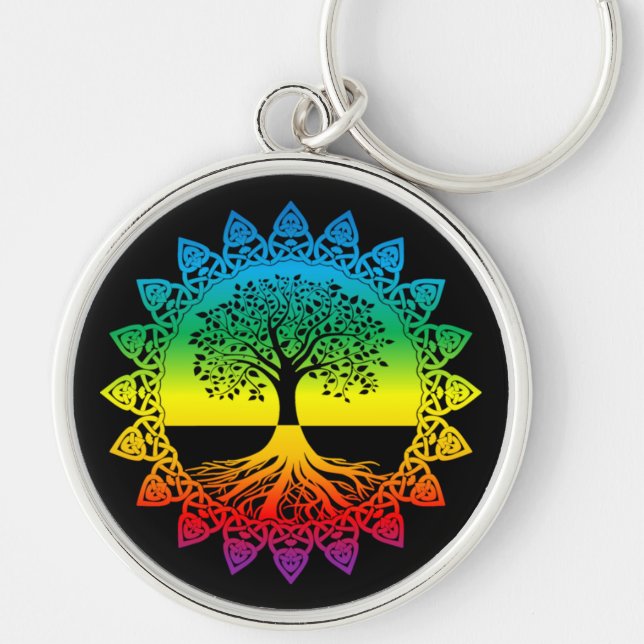 Chaveiro Rainbow Mandala Celtic Tree of Life on Black (Frente)