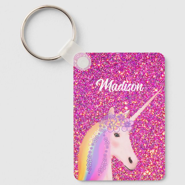 Chaveiro Rainbow Unicorn Pink Glitter Fantasy Personalizado (Frente)