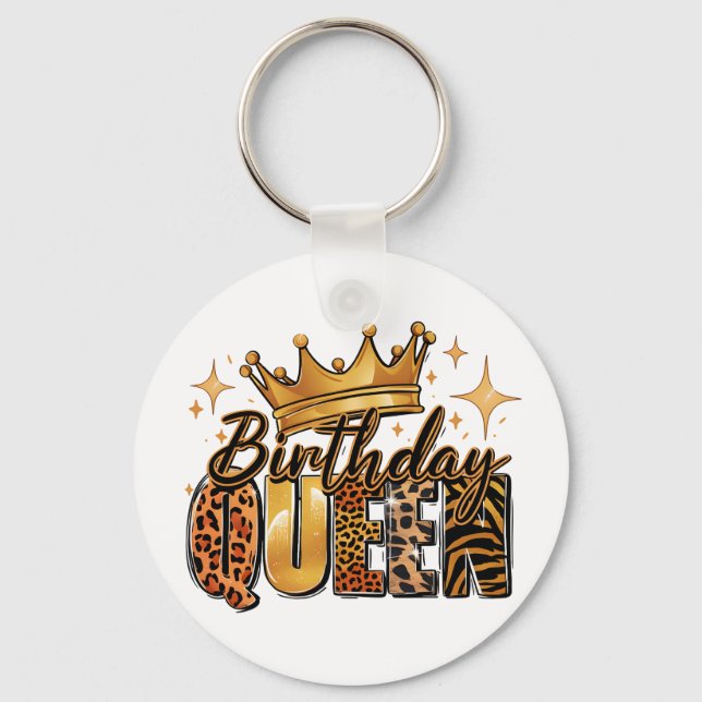 Chaveiro Rainha de Aniversário com Leopardo de Coroa Dourad (Frente)