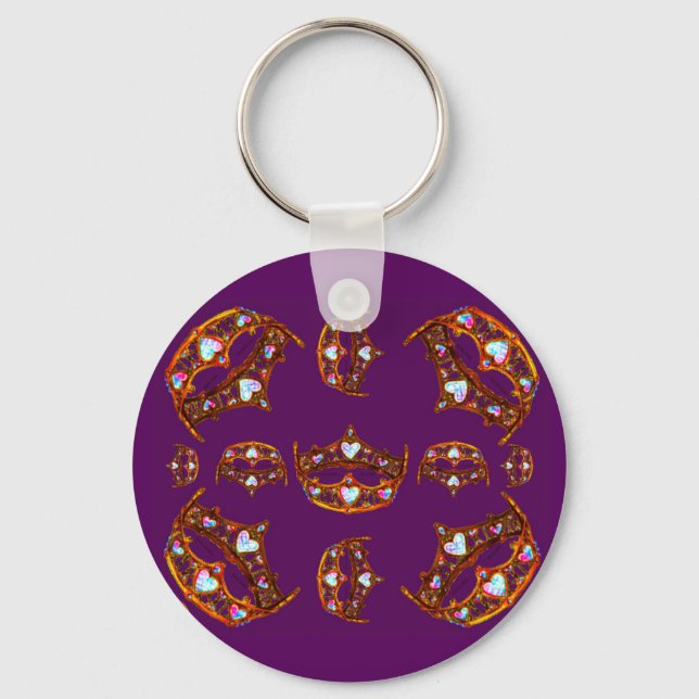 Chaveiro Rainhas Corações Douradas Coroas Tiaras roxo real (Frente)