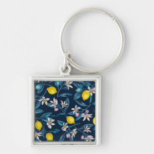 Chaveiro Ramos de limão com flores e fruta em azul