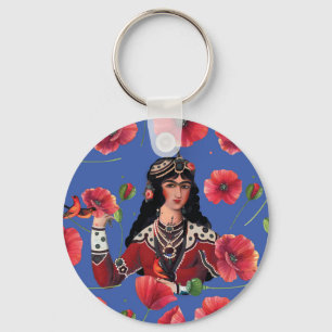 Chaveiro Rapariga com Pássaros e Flor Vermelho