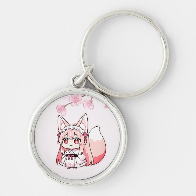 Chaveiro Rapariga Raposa Chibi Rosa Pastel com Flor de Cere (Frente)