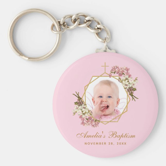 Chaveiro Rapariga rosa e batismo Orquídeas Florais Douradas (Frente)