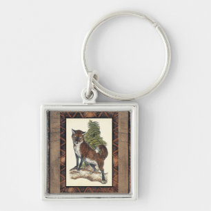 Chaveiro Raposa Rústica Passando em um tronco de árvore