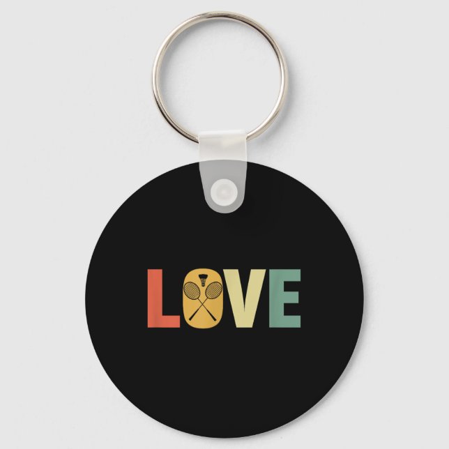 Chaveiro Raquetes e Peteca de Badminton Retro Love, Eu Amo (Frente)