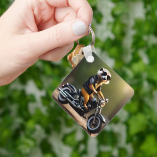 Chaveiro Rebel Meerkat: Penas, óculos de sol e motocicleta
