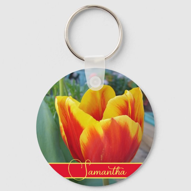 Chaveiro Red and Yellow Tulip Floral Womans Name  (Frente)