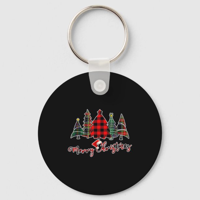 Chaveiro Red Black Green Buffalo Plaid Merry Christmas Tree (Frente)