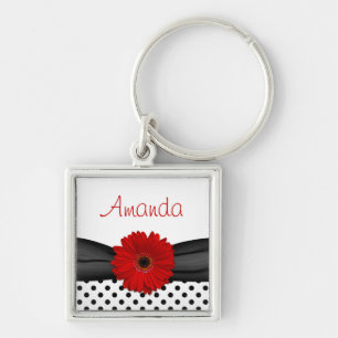 Chaveiro Red Gerbera Daisy Bolinhas Nome Personalizado Chav