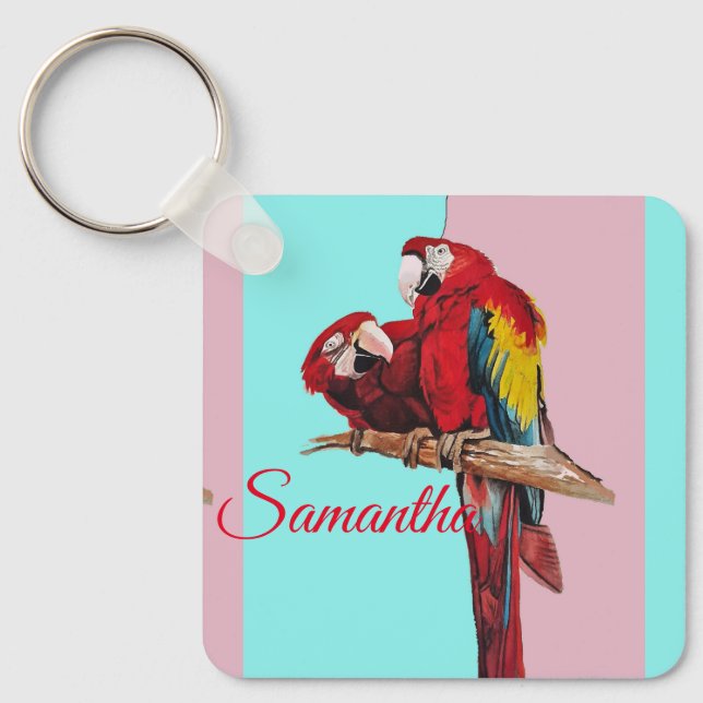 Chaveiro Red Macaw Parrot Watercolor Girls Nome Chave Anel (Frente)