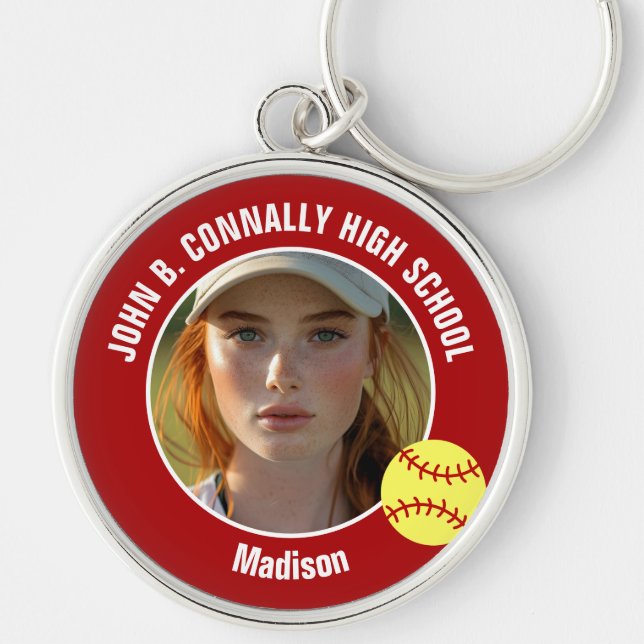 Chaveiro Red Softball Player Photo High School Keepsake (Frente)