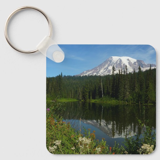 Chaveiro Reflexo do Lago Monte Rainier com Flores Silvestre (Frente)