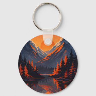 Chaveiro Reflexo do Pôr do Sol na Montanha com Céu Laranja 