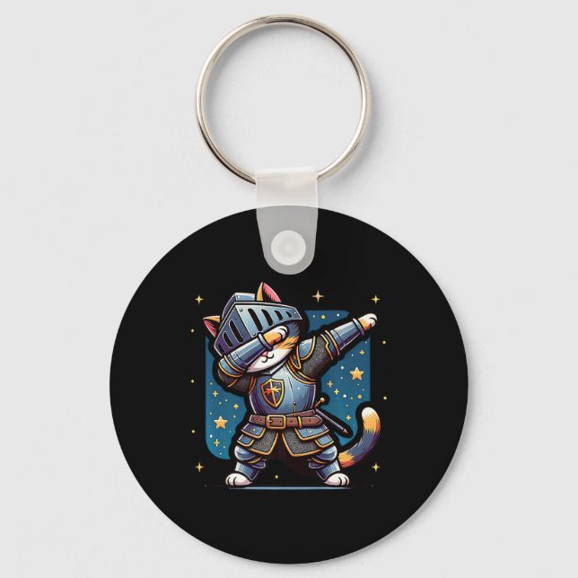 Chaveiro Ren Faire Medieval Knight Dabbing Cat Kitten Engra (Frente)