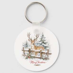 Chaveiro Rena de Natal em Aquarela na Neve