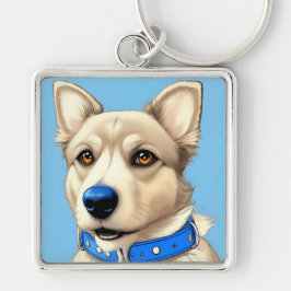 Chaveiro Retrato aproximado de um cão usando uma coleira az