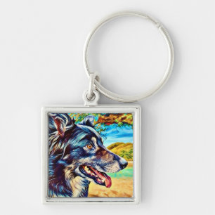 Chaveiro Retrato Artístico de Border Collie com Paisagem Cé