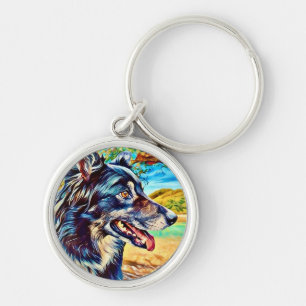 Chaveiro Retrato Artístico de Border Collie Paisagem Cênica