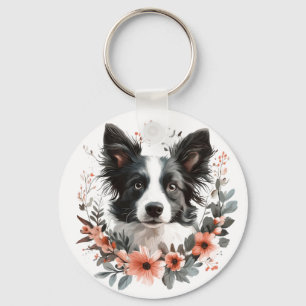 Chaveiro Retrato Collie de Borda com Quadro Floral