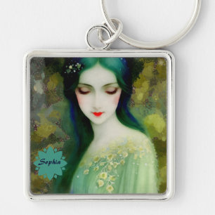 Chaveiro Retrato da Mulher Fantasia Elegante em Verde e Azu