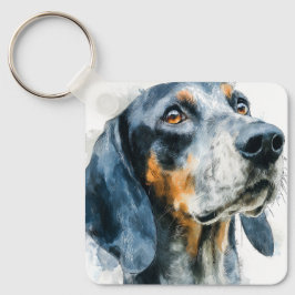 Chaveiro retrato de cão de caça coon hound de marca azul