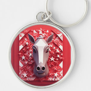 Chaveiro Retrato de Cavalo Geométrico em Vermelho e Branco 